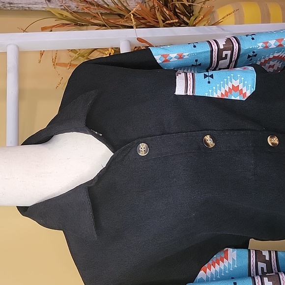 Aztec button down, teal, black long sleeve, shacket - Picture 2 of 8